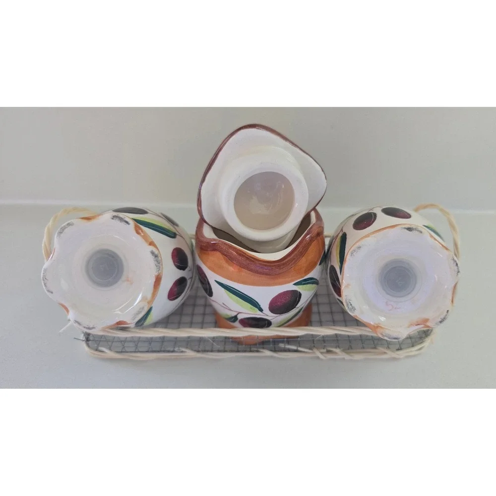 Ceramic Olive Branch Salt‎ Pepper Shakers and Sugar Pot Set with Wicker Caddy